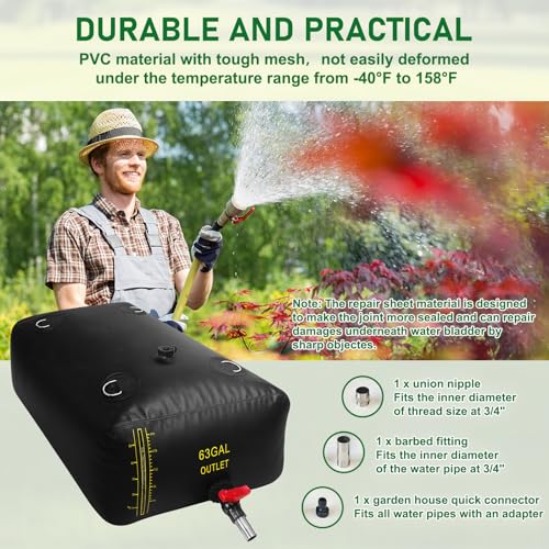 LXVOOEE 240L/63 Gal Water Bladder with Water Level Indicator, PVC Foldable and Portable Water Tank with 3 Connectors and Overflow Kit, Ideal for RV, Camping, Rainwater Collecting,Planting Watering - Image 3