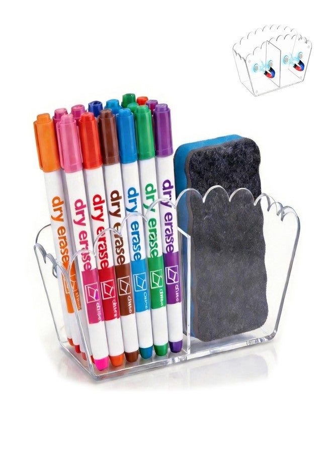 Chivalral Scalloped Magnetic Marker Holder for Whiteboard - Clear Acrylic Dry Erase Pen Organizer, Strong Non-Slip Magnets, Pencil Cup for Fridge Locker Office Desk Classroom - Image 1