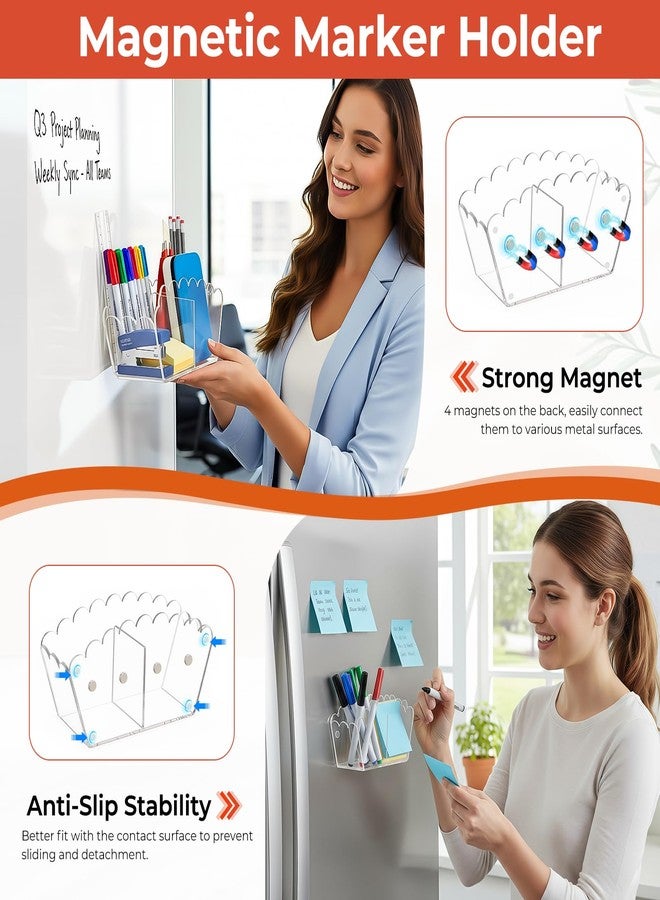 Chivalral Scalloped Magnetic Marker Holder for Whiteboard - Clear Acrylic Dry Erase Pen Organizer, Strong Non-Slip Magnets, Pencil Cup for Fridge Locker Office Desk Classroom - Image 3