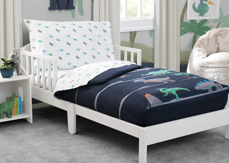 Delta Children 4 Piece Toddler Bedding Set for Boys - Reversible 2-in-1 Comforter - Includes Fitted Comforter to Keep Little Ones Snug, Bottom Sheet, Top Sheet, Pillow Case - Jurassic Dinosaur - Image 4