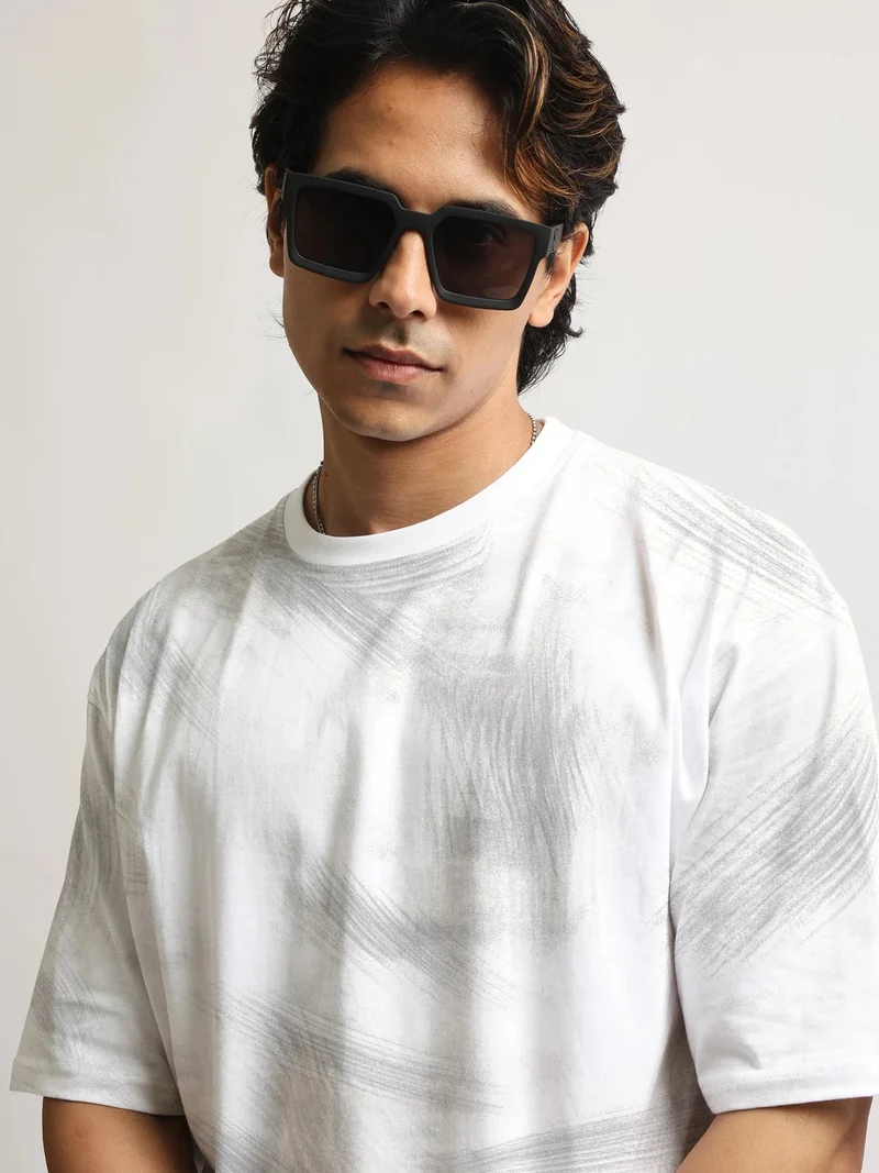 مانياك Maniac Mens AOP Printed Round Neck Half Sleeve Biscuit Cotton T-Shirt