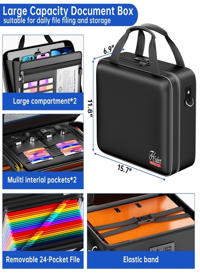 JHSafer Fireproof Document Box with lock, Hard-Shell Case File Organizer with 24 Pocket Accordion File Folder, Portable Safe Box with Shoulder Strap for Home Important Documents Laptop Black - Image 4
