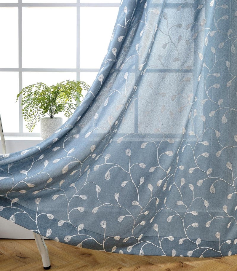 MIUCO Floral Embroidery Semi Sheer Curtains Faux Linen Grommet Curtains for Bedroom 52 x 63 Inch 2 Panels Dusty Blue - Image 1