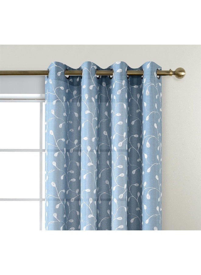MIUCO Floral Embroidery Semi Sheer Curtains Faux Linen Grommet Curtains for Bedroom 52 x 63 Inch 2 Panels Dusty Blue - Image 5