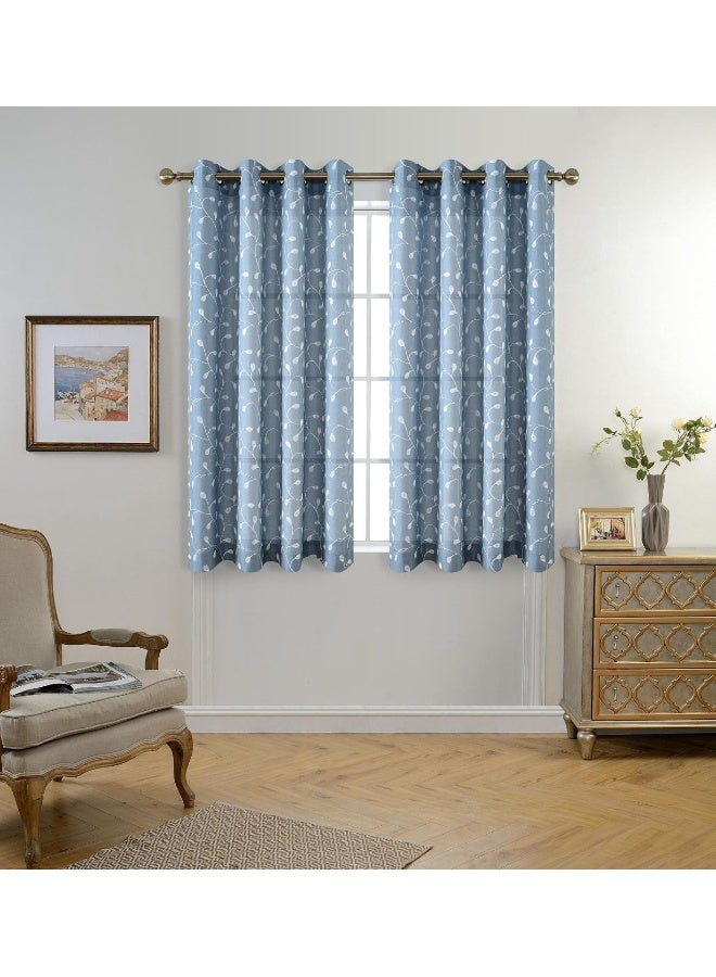 MIUCO Floral Embroidery Semi Sheer Curtains Faux Linen Grommet Curtains for Bedroom 52 x 63 Inch 2 Panels Dusty Blue - Image 2