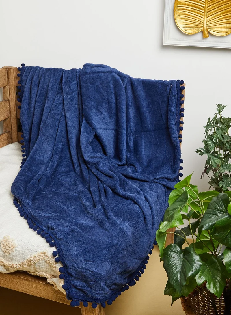 Noire Edit Navy Pom Pom Velvet Blanket 220X230Cm