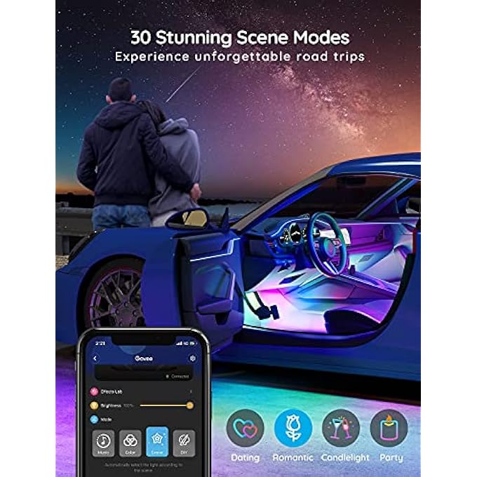 جوفي شريط إضاءة ليد للسيارة، إضاءة داخلية ذكية RGB مع تحكم بالتطبيق، 4 أوضاع موسيقية، 30 خيارًا للمشهد و16 مليون لون، تصميم خطين، إضاءة ليد لديكور السيارة، تيار مستمر 12 فولت - Image 4