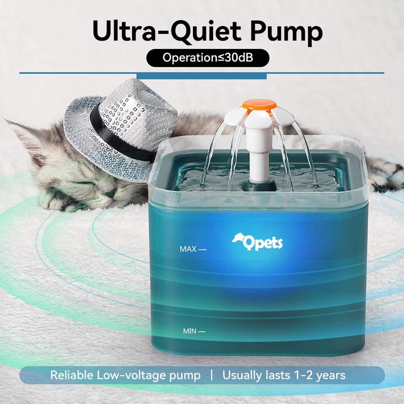 Qpets® نافورة مياه للقطط سعة 2.2 لتر، نافورة مياه أوتوماتيكية للحيوانات الأليفة مع ضوء LED، نافورة مياه لطيفة بتصميم زهور هادئة للغاية مع فلتر (نافورة مياه خضراء) - Image 3