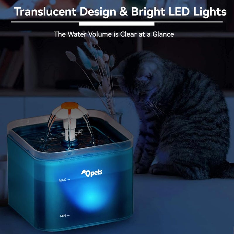 Qpets® نافورة مياه للقطط سعة 2.2 لتر، نافورة مياه أوتوماتيكية للحيوانات الأليفة مع ضوء LED، نافورة مياه لطيفة بتصميم زهور هادئة للغاية مع فلتر (نافورة مياه خضراء) - Image 5