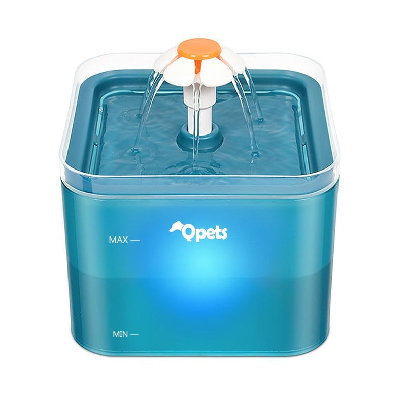 Qpets® نافورة مياه للقطط سعة 2.2 لتر، نافورة مياه أوتوماتيكية للحيوانات الأليفة مع ضوء LED، نافورة مياه لطيفة بتصميم زهور هادئة للغاية مع فلتر (نافورة مياه خضراء) - Image 1