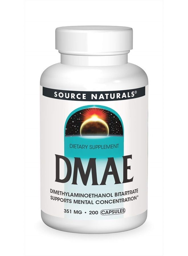 Source Naturals DMAE، ثنائي ميثيل أمينو إيثانول بيتارتريت - يدعم التركيز الذهني - 200 كبسولة - Image 1