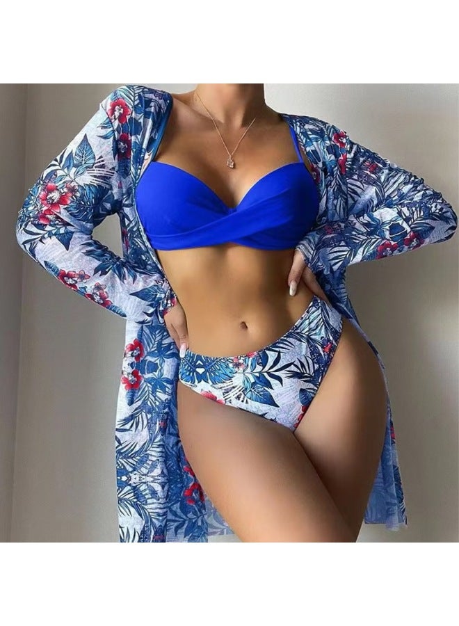 Generic Swimsuit European And American Three-Piece Outer Wear European And American Women's Bikini Split Swimsuit Women's Bikin-Color:Blue-Size:XL  - Image 1