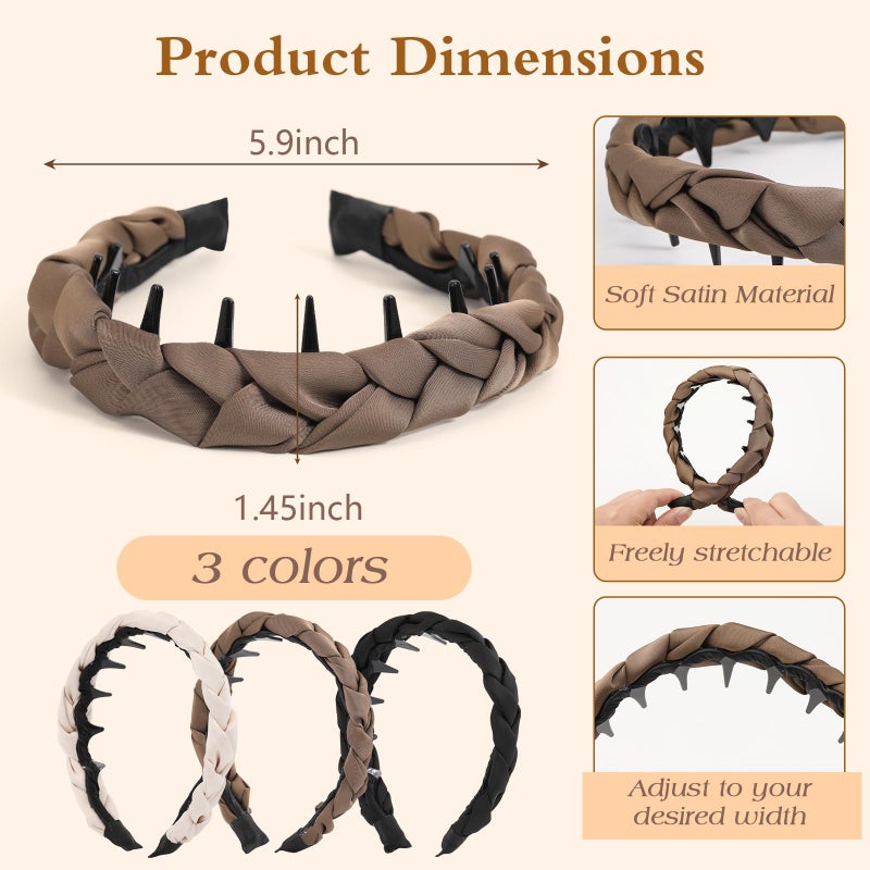 Auseibeely 3 Pcs Zig Zag Headbands for Women Girls - Non Slip Comb Headband with Teeth Plastic Retro High Skull Headband Satin Braided Fashion Hair Accessories for High Cranium Ideal Gifts for Women - Image 3