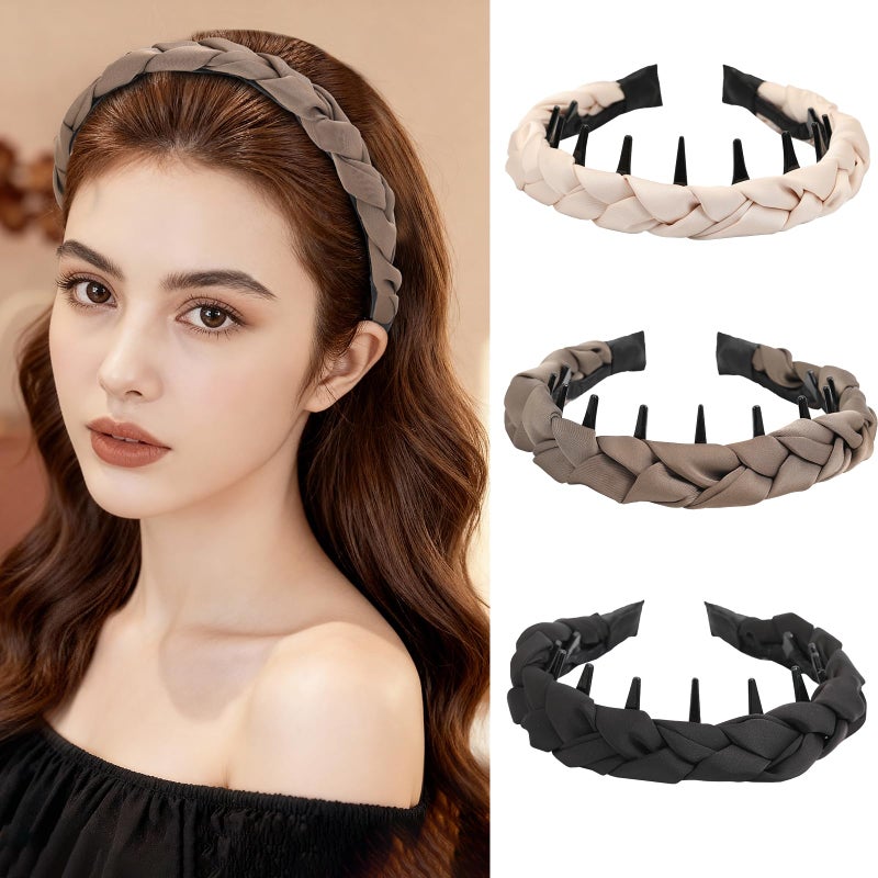 Auseibeely 3 Pcs Zig Zag Headbands for Women Girls - Non Slip Comb Headband with Teeth Plastic Retro High Skull Headband Satin Braided Fashion Hair Accessories for High Cranium Ideal Gifts for Women - Image 2
