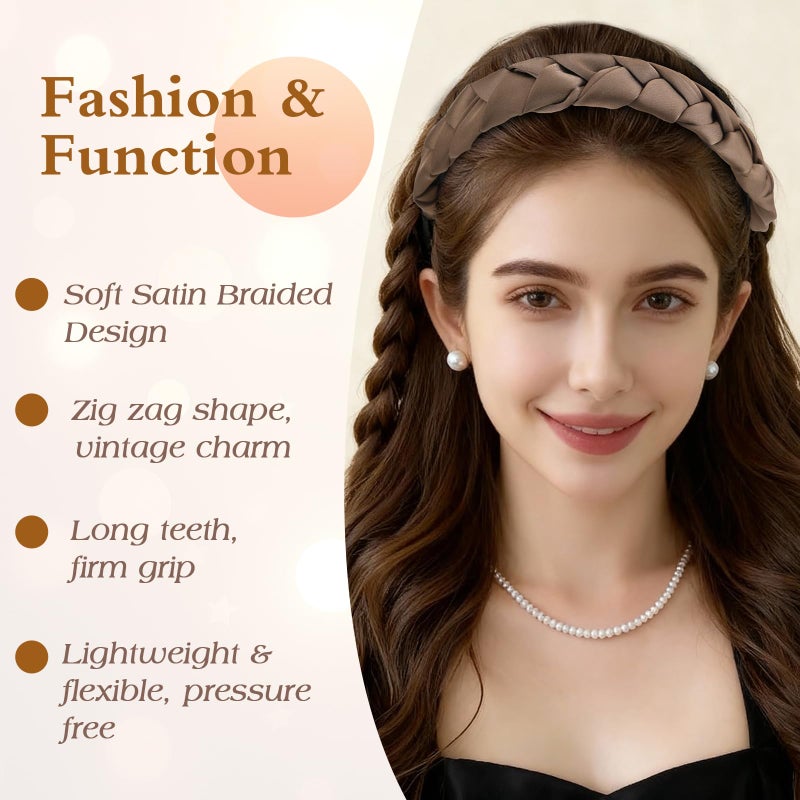 Auseibeely 3 Pcs Zig Zag Headbands for Women Girls - Non Slip Comb Headband with Teeth Plastic Retro High Skull Headband Satin Braided Fashion Hair Accessories for High Cranium Ideal Gifts for Women - Image 4
