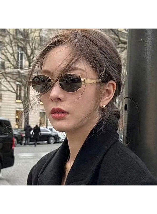 FEISEDY FEISEDY Trendy Retro Oval Sunglasses for Women Men Small Metal Frame Sun Glasses UV400 Shades B0124, Gold-grey, 52mm  - Image 3