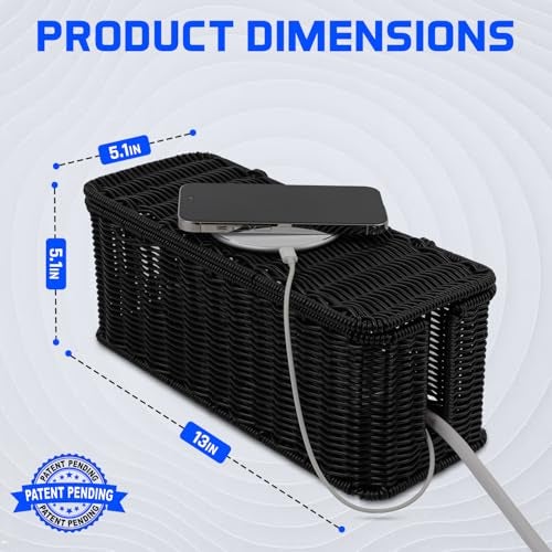 Cantalop Cable Management Box Handmade Rattan Cable Organizer with 2 Open Slots Cord Hider for Power Strip Router USB Hub Registered US Design Patent D1112102 13 x 51 x 51 Black - Image 3