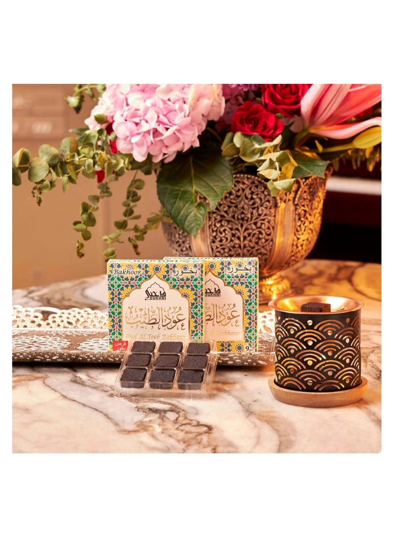 DUKHNI Oud Al Teeb Bakhoor Set  | 2 x 9 Piece each & Rainbow Bakhoor Burner | Arabic Bakhoor Incense | Sweet Fruity Oud Blend | Perfect for Prayer Time | To Relax & Meditate - Image 2