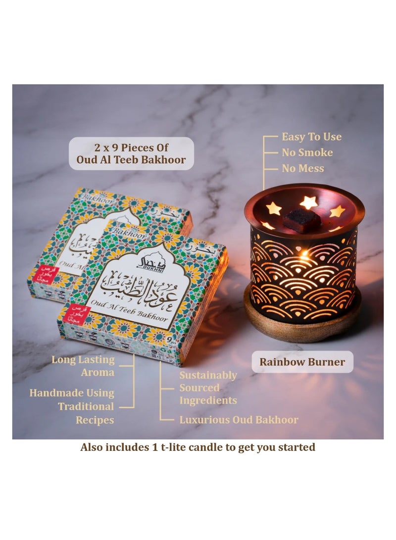 DUKHNI Oud Al Teeb Bakhoor Set  | 2 x 9 Piece each & Rainbow Bakhoor Burner | Arabic Bakhoor Incense | Sweet Fruity Oud Blend | Perfect for Prayer Time | To Relax & Meditate - Image 3