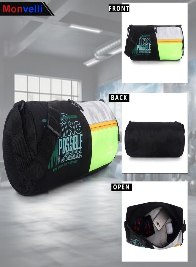 Monvelli Stylish Gym Duffle Bag for Men & Women | Lightweight Travel Sports Bag with Adjustable Shoulder Strap, Spacious Compartment & Front Zipper Pocket | Ideal for Gym (Black & Green) - Image 4
