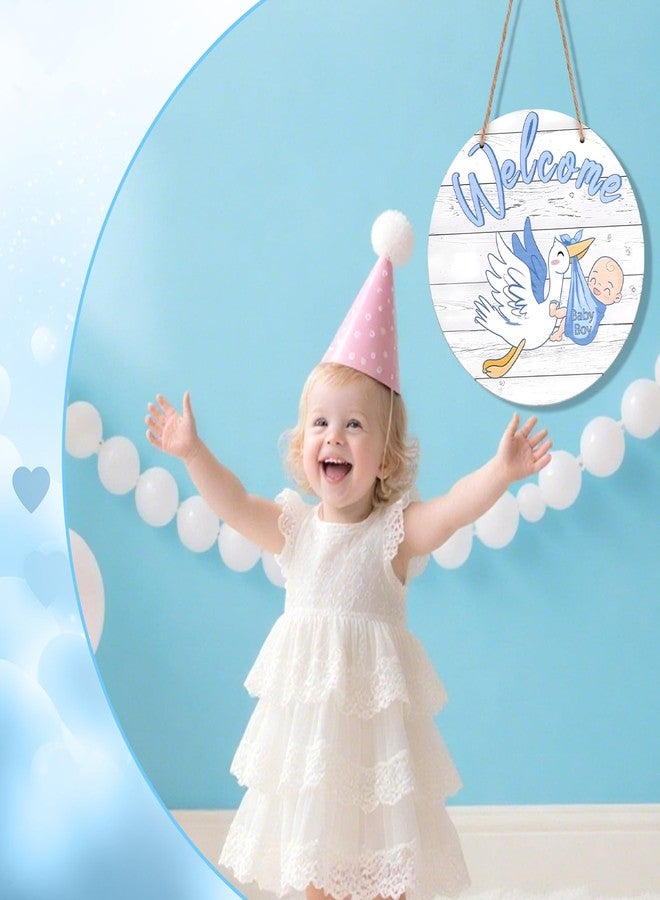 Penitue Baby Welcome Sign, Gender Reveal Wooden Hanging Hello World Wreath Newborn Name Birth Announcement Board Nursery Decor for Hospital Baby Shower Porch Party Front Door Decoration(Boy, Blue) - Image 4