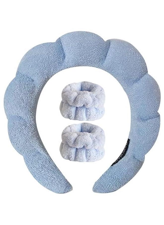 HOOKOR Spa Headband for Washing Face Wristband Set Sponge Makeup Skin Care Terry Cloth Bubble Soft Get Ready Light Blue Hairband Women Girls Puffy Padded Headwear Non Slip (Blue, One size)  - Image 1