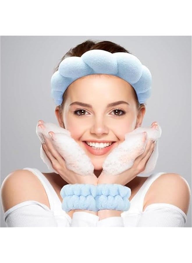 HOOKOR Spa Headband for Washing Face Wristband Set Sponge Makeup Skin Care Terry Cloth Bubble Soft Get Ready Light Blue Hairband Women Girls Puffy Padded Headwear Non Slip (Blue, One size)  - Image 2