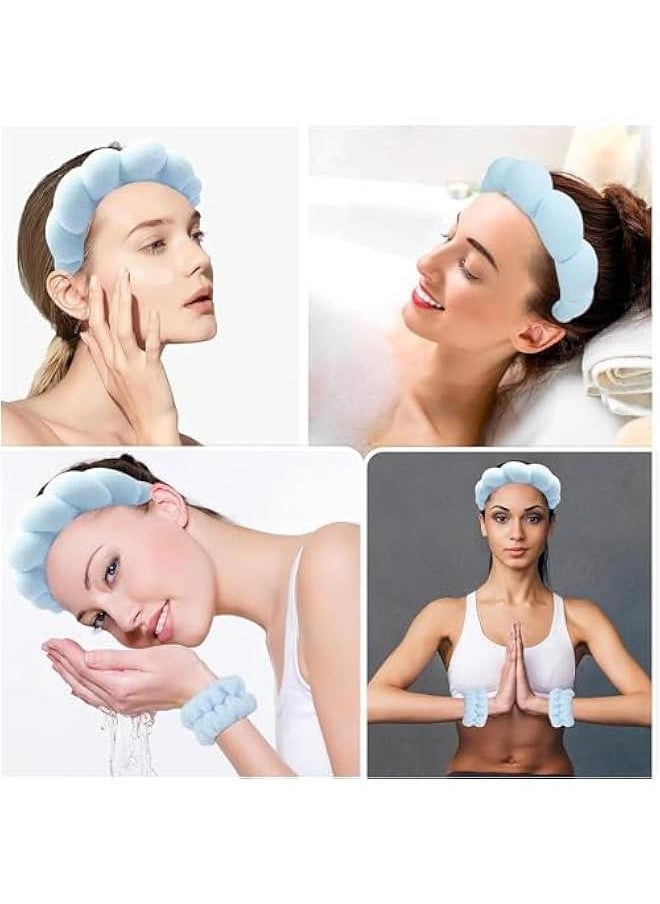 HOOKOR Spa Headband for Washing Face Wristband Set Sponge Makeup Skin Care Terry Cloth Bubble Soft Get Ready Light Blue Hairband Women Girls Puffy Padded Headwear Non Slip (Blue, One size)  - Image 4