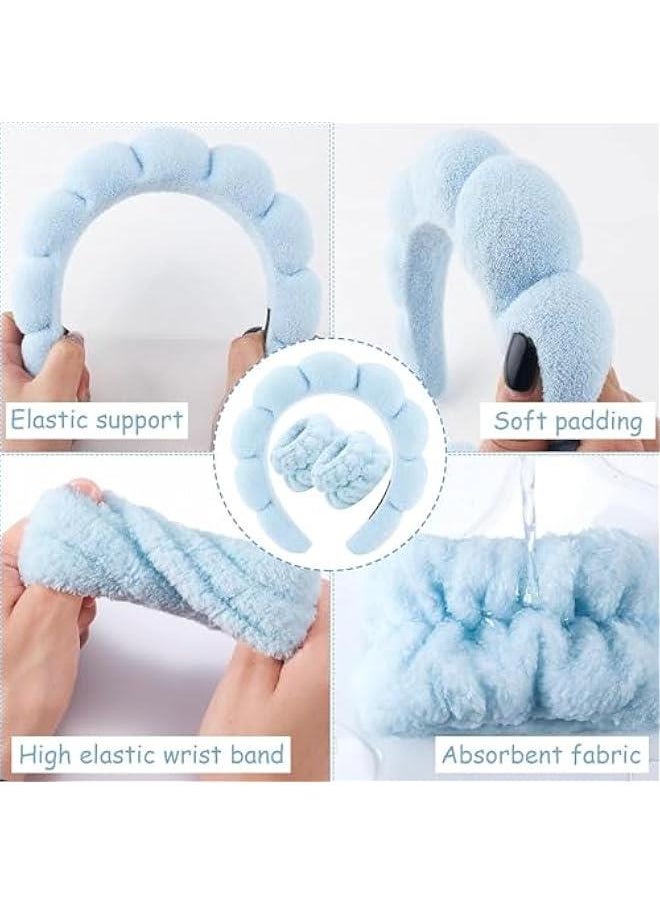 HOOKOR Spa Headband for Washing Face Wristband Set Sponge Makeup Skin Care Terry Cloth Bubble Soft Get Ready Light Blue Hairband Women Girls Puffy Padded Headwear Non Slip (Blue, One size)  - Image 5