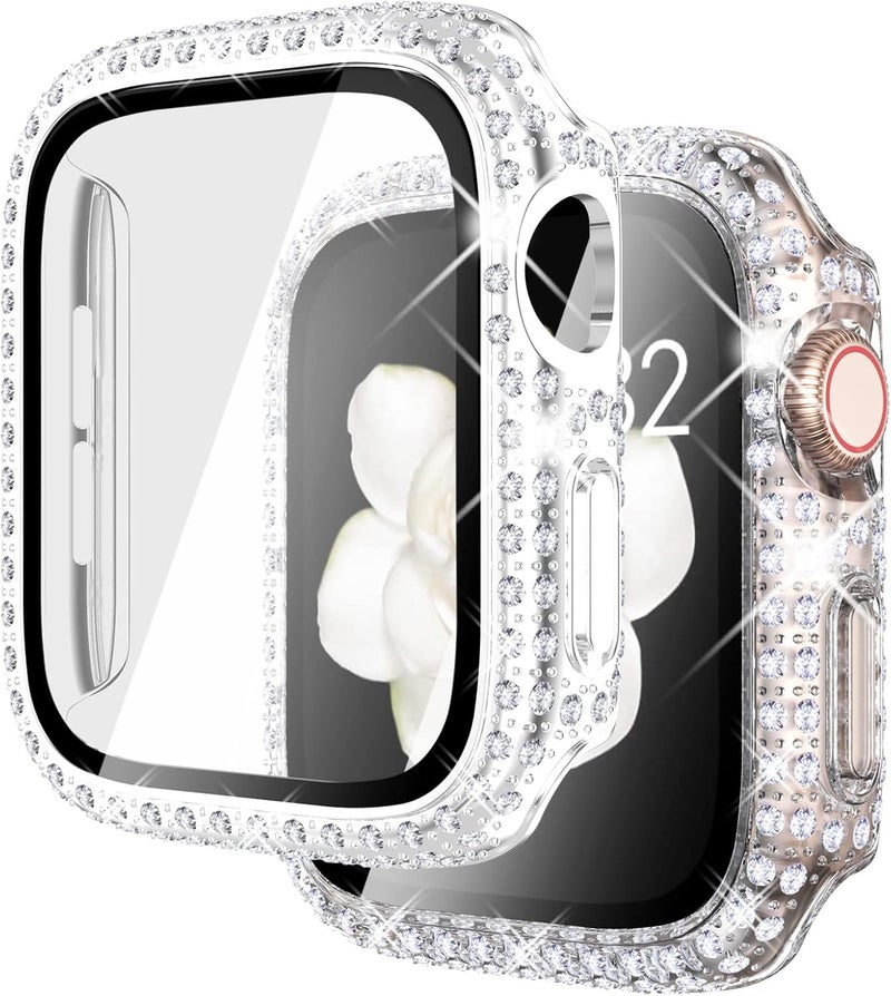 FULLIFE 2 Pack Bling Screen Protector Compatible for Apple Watch 44mm iWatch Series 6/5/4/SE(2025-2020), Bling Crystal Diamond Tempered Glass Protective Case Cover(Silver/Clear) - Image 1