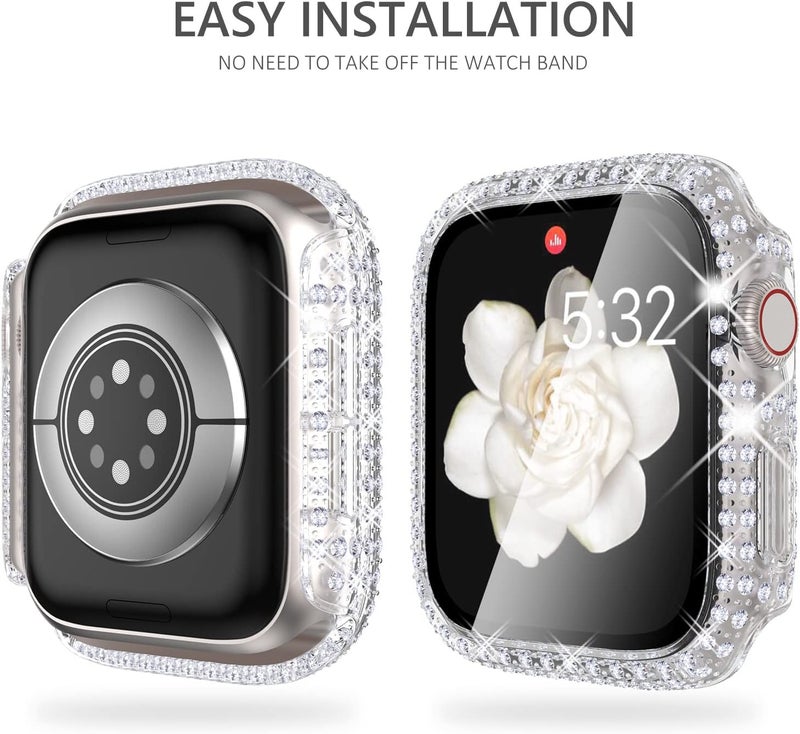 FULLIFE 2 Pack Bling Screen Protector Compatible for Apple Watch 44mm iWatch Series 6/5/4/SE(2025-2020), Bling Crystal Diamond Tempered Glass Protective Case Cover(Silver/Clear) - Image 4
