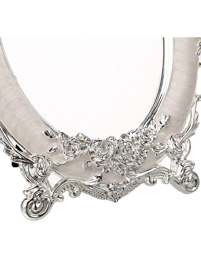 JUXYES Small Tabletop Dressing Mirror Vintage Metal Desktop Mirror With Standantique Embossed Roses Countertop Makeup Mirror Retro Oval Cosmetic Decorative Mirrors For Table Centerpieces  - Image 4