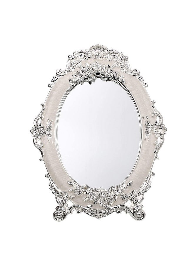 JUXYES Small Tabletop Dressing Mirror Vintage Metal Desktop Mirror With Standantique Embossed Roses Countertop Makeup Mirror Retro Oval Cosmetic Decorative Mirrors For Table Centerpieces  - Image 1