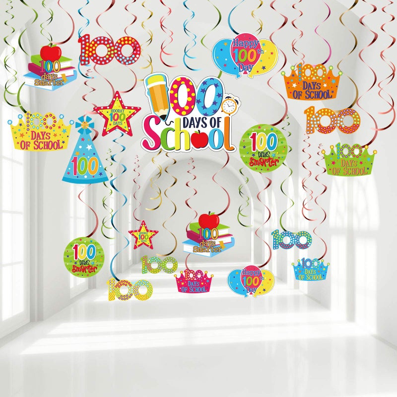 Sumind 30 Pcs 100 Days of School Hanging Swirls Colorful Happy 100th Day of School Foil Swirls Ceiling Decorations for Kids Kindergarten Preschool Primary Party Supplies DecorAssorted Style
