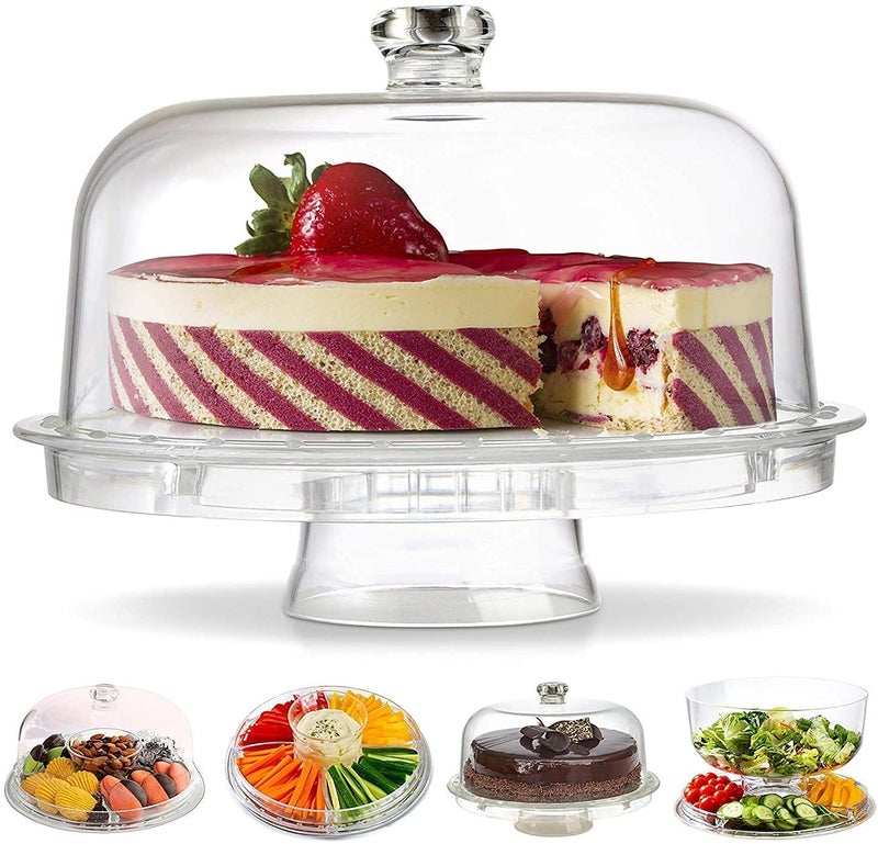 LOMESH Clear Plastic 6-in-1 Cake Stand Cake Plate with Dome Cover Multi-Function Serving Platter, Salad & Punch Bowl Cake Holder Desert Keeper Nachos,Salsa Plate - 31 x 16.5 x 31cm - Image 1