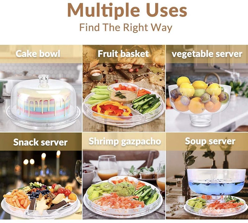 LOMESH Clear Plastic 6-in-1 Cake Stand Cake Plate with Dome Cover Multi-Function Serving Platter, Salad & Punch Bowl Cake Holder Desert Keeper Nachos,Salsa Plate - 31 x 16.5 x 31cm - Image 4