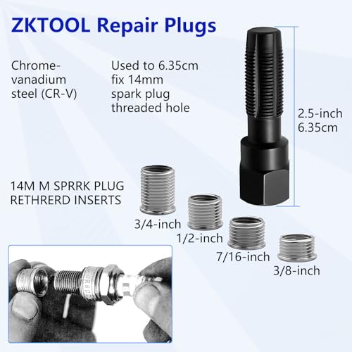 ZKTOOL 14mm Cylinder Head Rethreaded Kit, Spark Plug Thread Repair Kit,14mm Reamer Cylinder Thread Repair Tool,Spark Plug Rethreader Kit,4 Thread Insert. M14 x 1.25 - Image 2