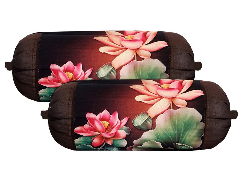 Kuber Industries Kuber Industries Bolster Cover|Polyester Bolster Cover Set|Diwan Round Bolster Pillow Covers|Luxurious Lotus Print Roll Masand Cover|Pack of 2 (Brown) - Image 1
