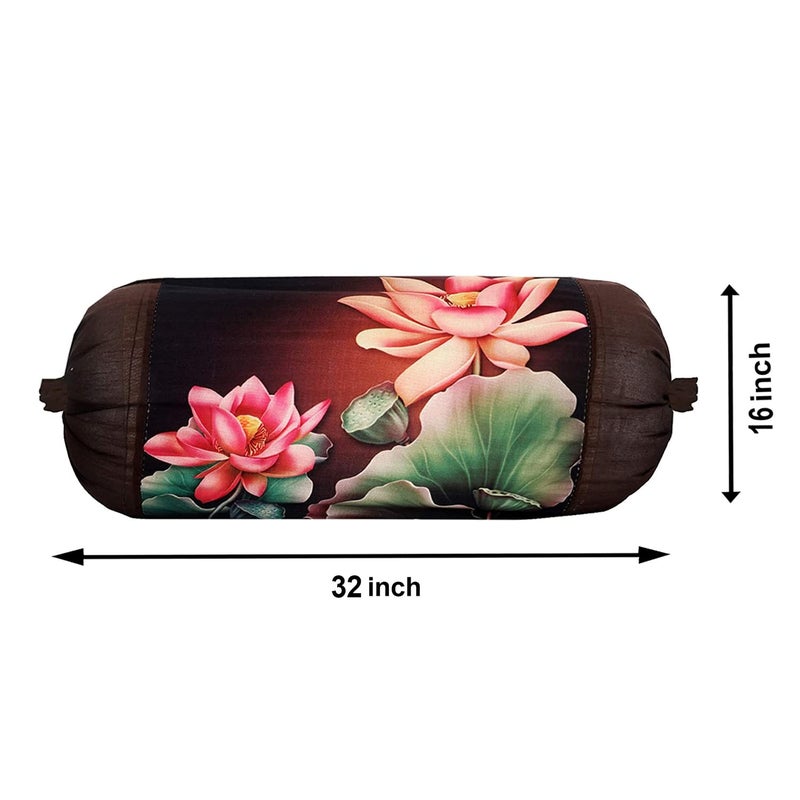 Kuber Industries Kuber Industries Bolster Cover|Polyester Bolster Cover Set|Diwan Round Bolster Pillow Covers|Luxurious Lotus Print Roll Masand Cover|Pack of 2 (Brown) - Image 3