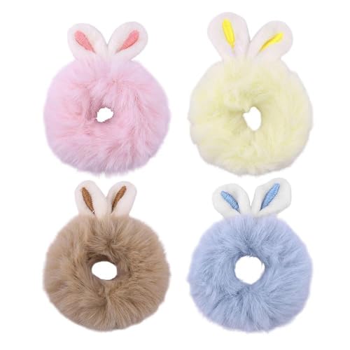 Guqqeuc Rabbit Ear Hair Scrunchies Fluffy Ball Scrunchy Hair Ties for Women Girls Cute Bunny Ears Faux Fur Scrunchie Pom Pom Hair Bands Elastic Plush Furry Ponytail Holder Easter Hair Accessory 4 PCS - Image 1
