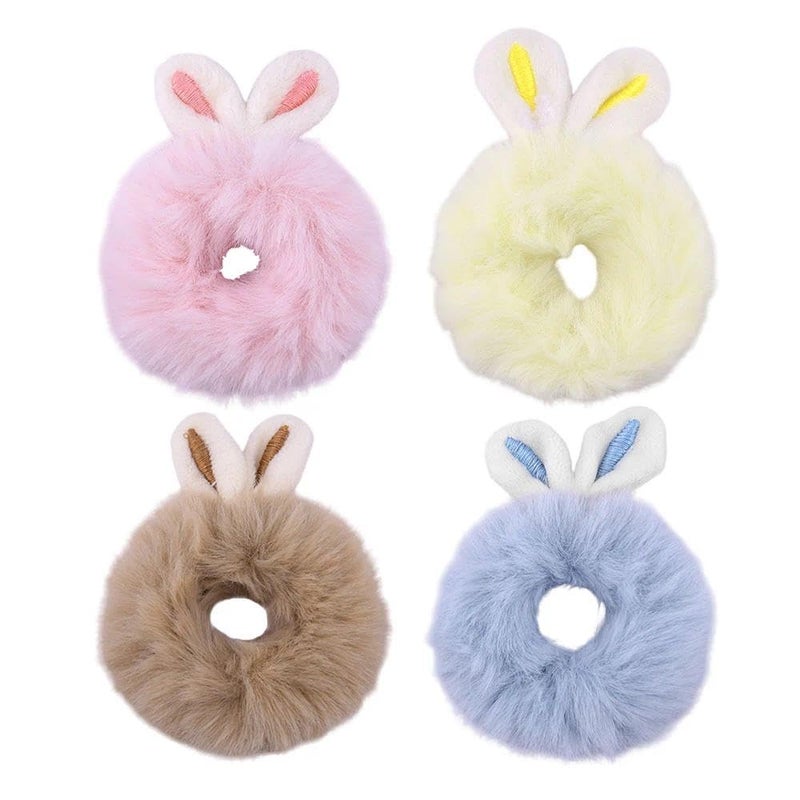 Guqqeuc Rabbit Ear Hair Scrunchies Fluffy Ball Scrunchy Hair Ties for Women Girls Cute Bunny Ears Faux Fur Scrunchie Pom Pom Hair Bands Elastic Plush Furry Ponytail Holder Easter Hair Accessory 4 PCS - Image 3