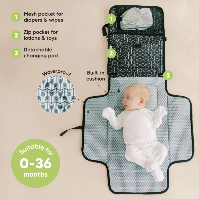 KeaBabies Portable Diaper Changing Pad - Large Waterproof Baby Changing Mat, Compact Travel Diaper Clutch, Functional Pockets Fit Newborn Essentials, Wipeable  Padded Baby Changer (Black Geo) - Image 2