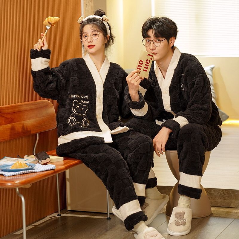 Couple Pajamas Coral Fleece Home Clothes For One Man And One Woman Flannel Thickened Fleece-Lined Warm Kimono Suit - Image 5