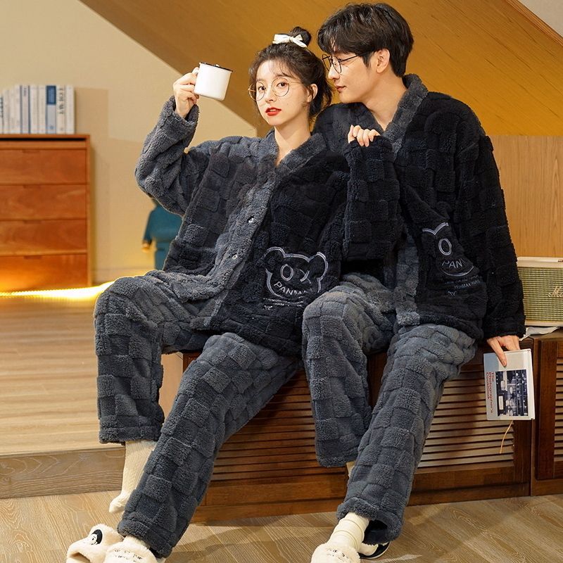 Couple Pajamas Coral Fleece Home Clothes For One Man And One Woman Flannel Thickened Fleece-Lined Warm Kimono Suit - Image 4