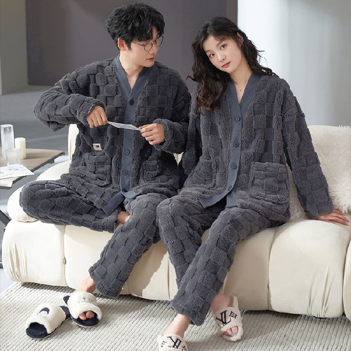 Couple Pajamas Coral Fleece Home Clothes For One Man And One Woman Flannel Thickened Fleece-Lined Warm Kimono Suit - Image 1