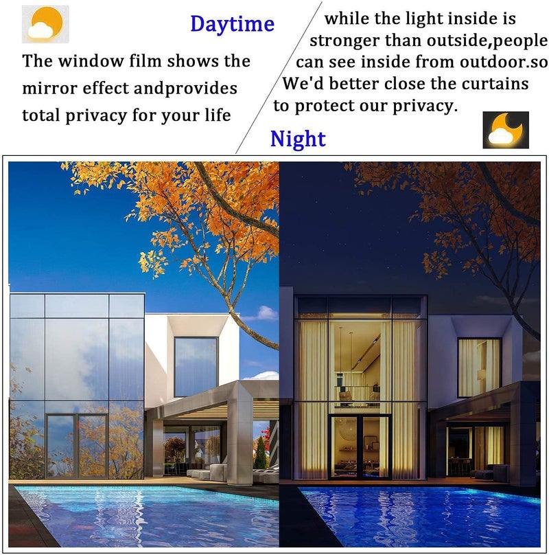 WISDOM One Way Mirror Window Film Daytime Privacy, Sun Blocking Heat Control Anti UV Reflective Film Static Cling Window Tint for Home Office Living Room (Silver Blue Window Film, 20" x 120) - Image 4
