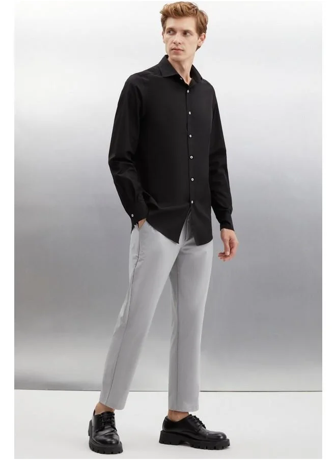 GRIMELANGE Carlsten Men's Slim Fit Italian Collar 100% Cotton Poplin Black Shirt