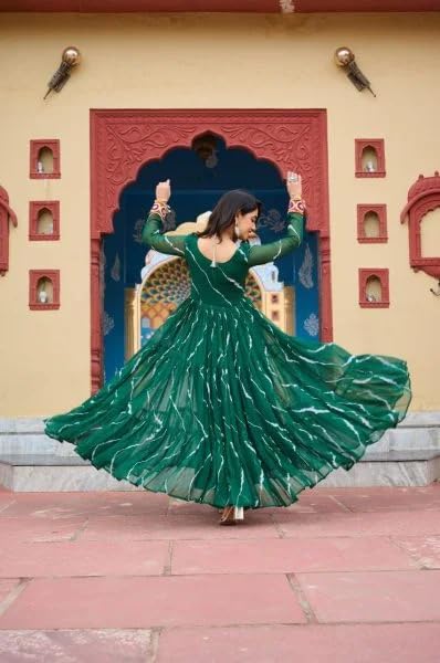 KD Women's Georgette Anarkali Kurta Set, Long Sleeve, Laheriya Floral Print Design with Kutchi Miror Patchwork Real Mirror Work Anarkali kurta Pant set, Calf Length (IN, Alpha, L, Green) - Image 3