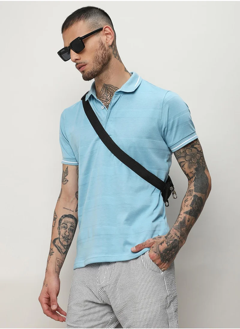 Campus Sutra Campus Sutra Men's Sky Blue Self-Design Horizontal Stripe T-Shirt For Casual Wear | Spread Collar | Short Sleeve | Half-Button Closure | Polycotton T-Shirt Crafted With Comfort Fit For Everyday Wear
