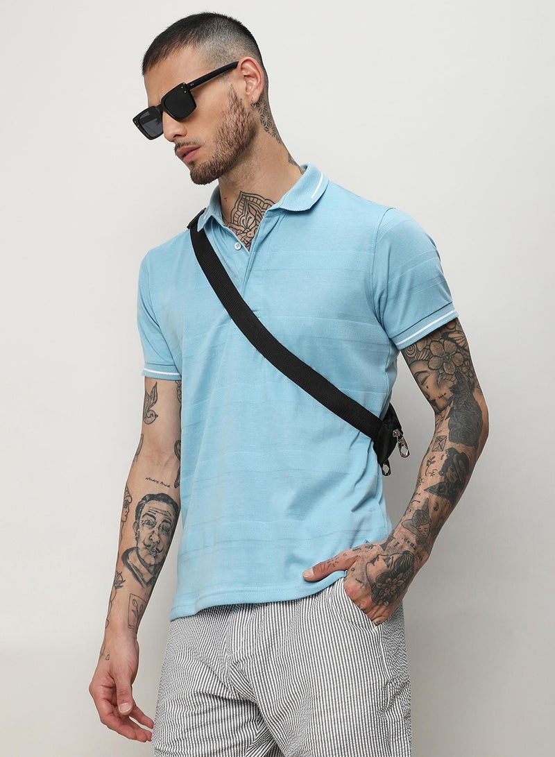 Campus Sutra Campus Sutra Men's Sky Blue Self-Design Horizontal Stripe T-Shirt For Casual Wear | Spread Collar | Short Sleeve | Half-Button Closure | Polycotton T-Shirt Crafted With Comfort Fit For Everyday Wear  - Image 1